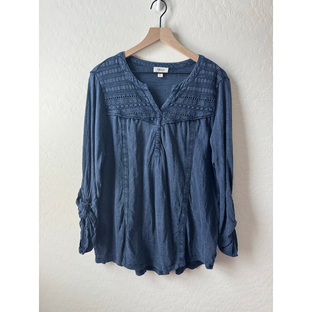 Style & Co Acid Wash Button Front Quarter 3/4 Sleeve Top XL